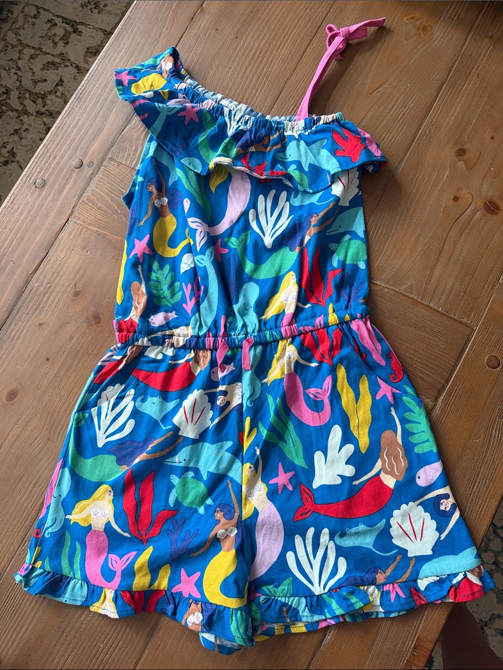 Mini Boden Girls Blue Mermaid Print Ruffle Romper